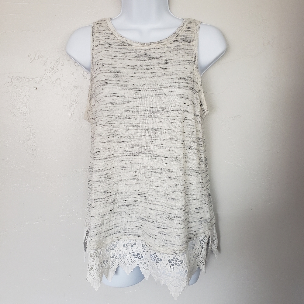 Maurices Marled Grey Tank Top X Back Lace Trim MED